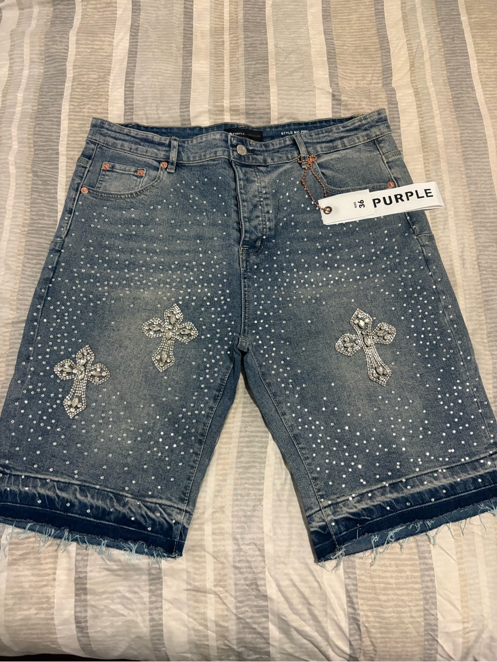 Studded Denim Men’s Shorts with Cross Embellishments - Blue